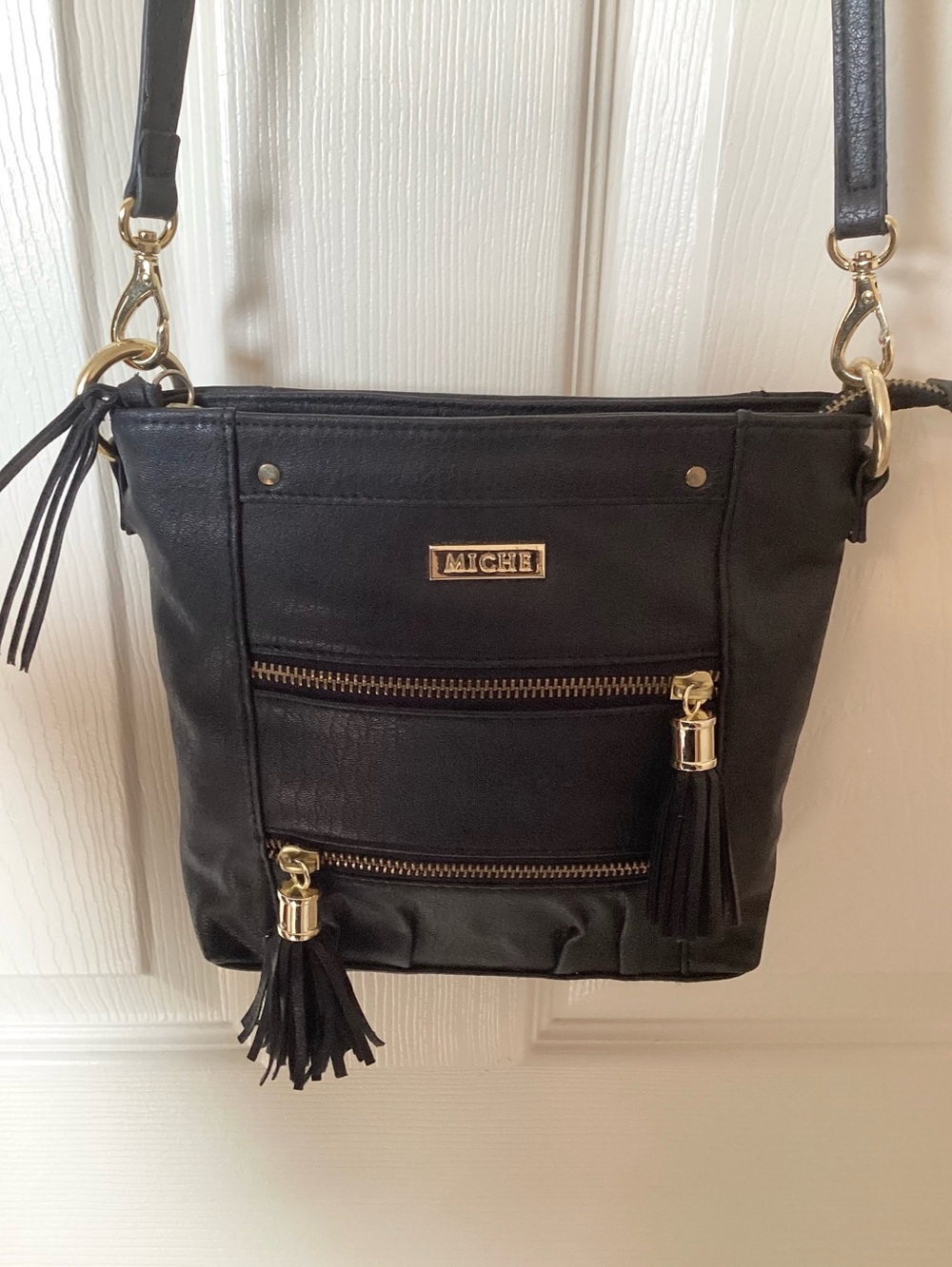 Miche Black Crossbody with Gold Hardware and Tassels